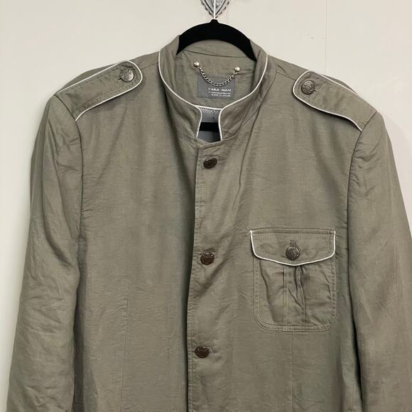 Zara Man 46R utility military blazer jacket olive green white trim linen summer - Picture 2 of 7